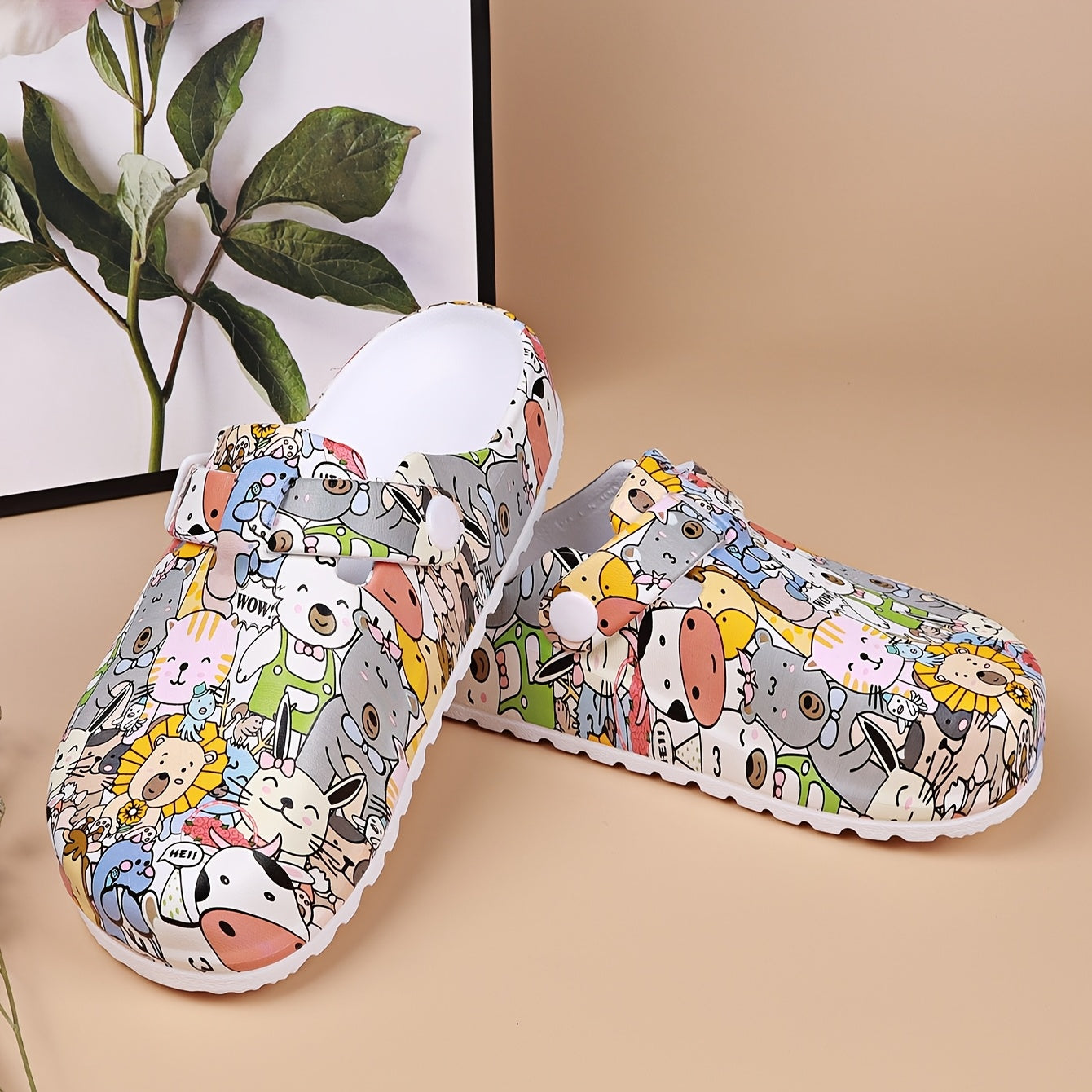 Women's EVA Animal Print Mules Clogs Flat Heel Non-Slip Easy Clean