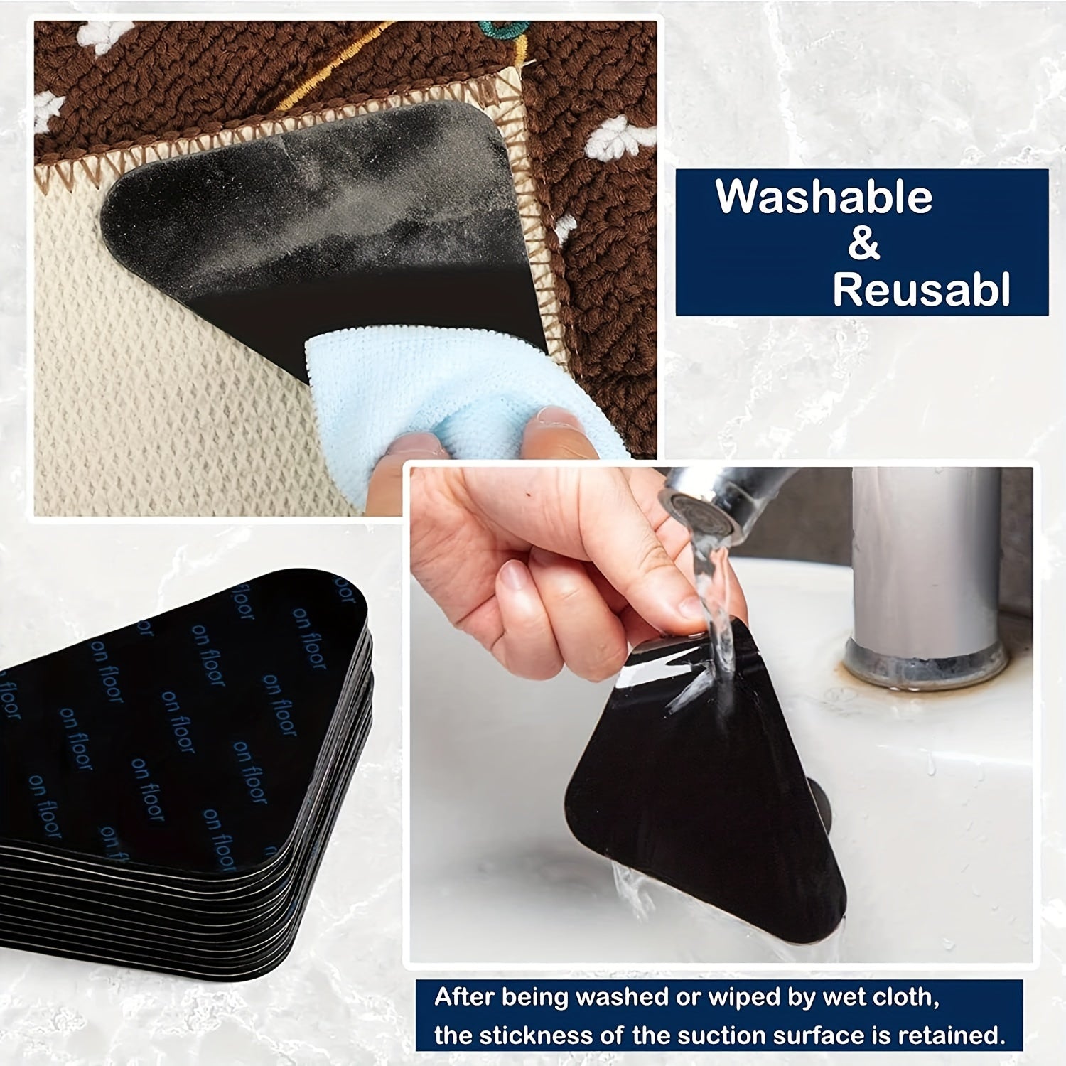 Предотвратите скольжение и закручивание с помощью нашего продвинутого антискользящего фиксатора для ковров - доступен в упаковках по 12, 32 и 34 штуки. Эти двусторонние моющиеся наклейки черного цвета подходят для ковров в гостиной, столовой и ванной.