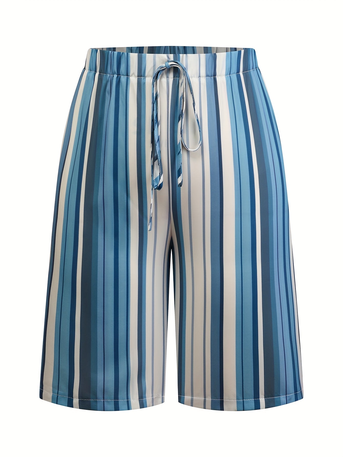 Women's Plus Size Non-Stretch Navy and White Striped Casual Mid-Pants