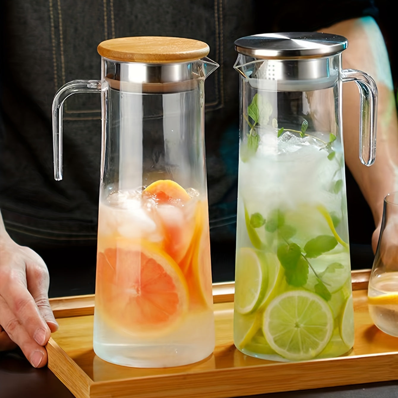 Water Pitcher with Lid 37.1oz/54.1oz Heavy Duty Stainless Steel or Wooden for Juice Tea