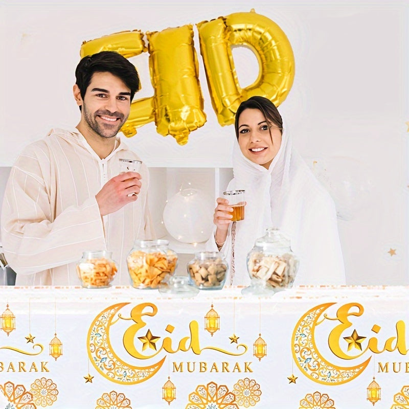 Elegante mantel de luna blanca y dorada desechable de plástico para Ramadán y celebraciones de Eid