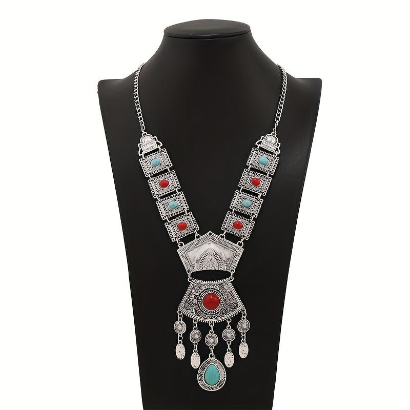 Vintage Water Drop Tassel Necklace with Carved Mosaic and Gemstone Inlays