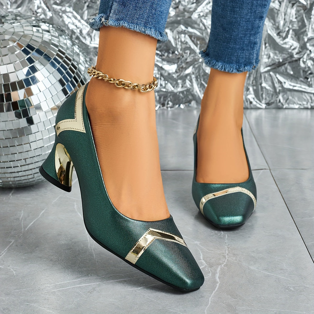 Women’s Casual Square Toe Block Heel Shoes All Season Synthetic Glitter