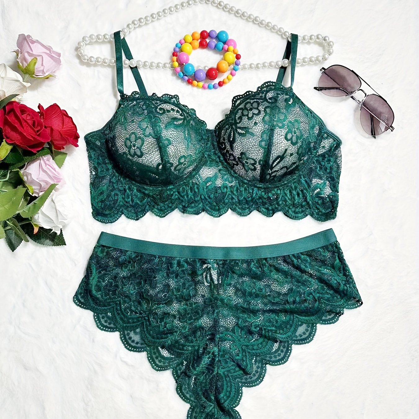 Plus Size Lace Lingerie Set Floral Semi Sheer Bra and Panty