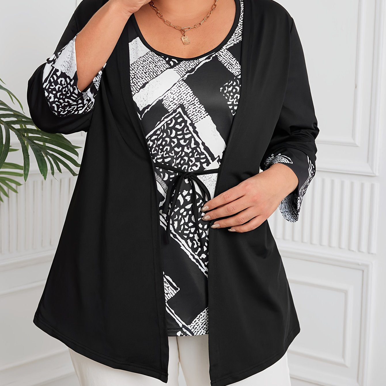 Plus Size Women's Faux Two-Piece Geometric Print Blouse with Tie Waist