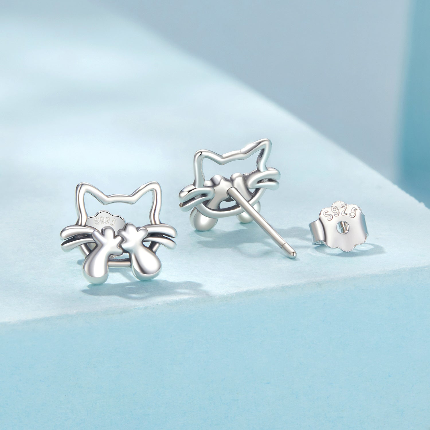 Sterling Silver Cartoon Cat Stud Earrings Hypoallergenic Jewelry for Women
