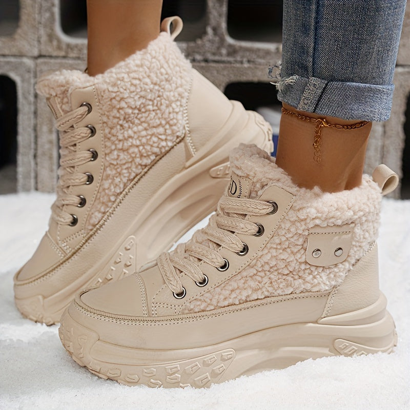 Women’s Chunky Platform Ankle Boots Winter Fleece-Lined Low Heel Lace-Up Shoes