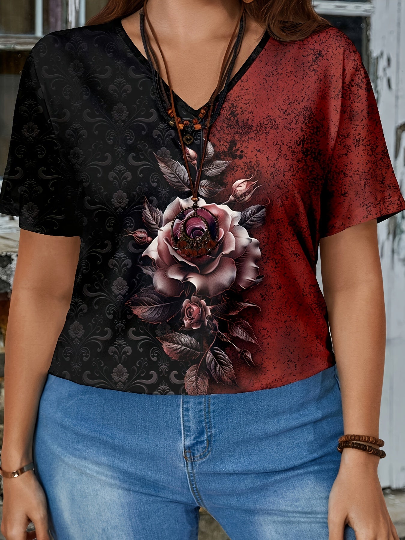 Plus Size Women's Floral Print Short Sleeve Casual T-Shirt