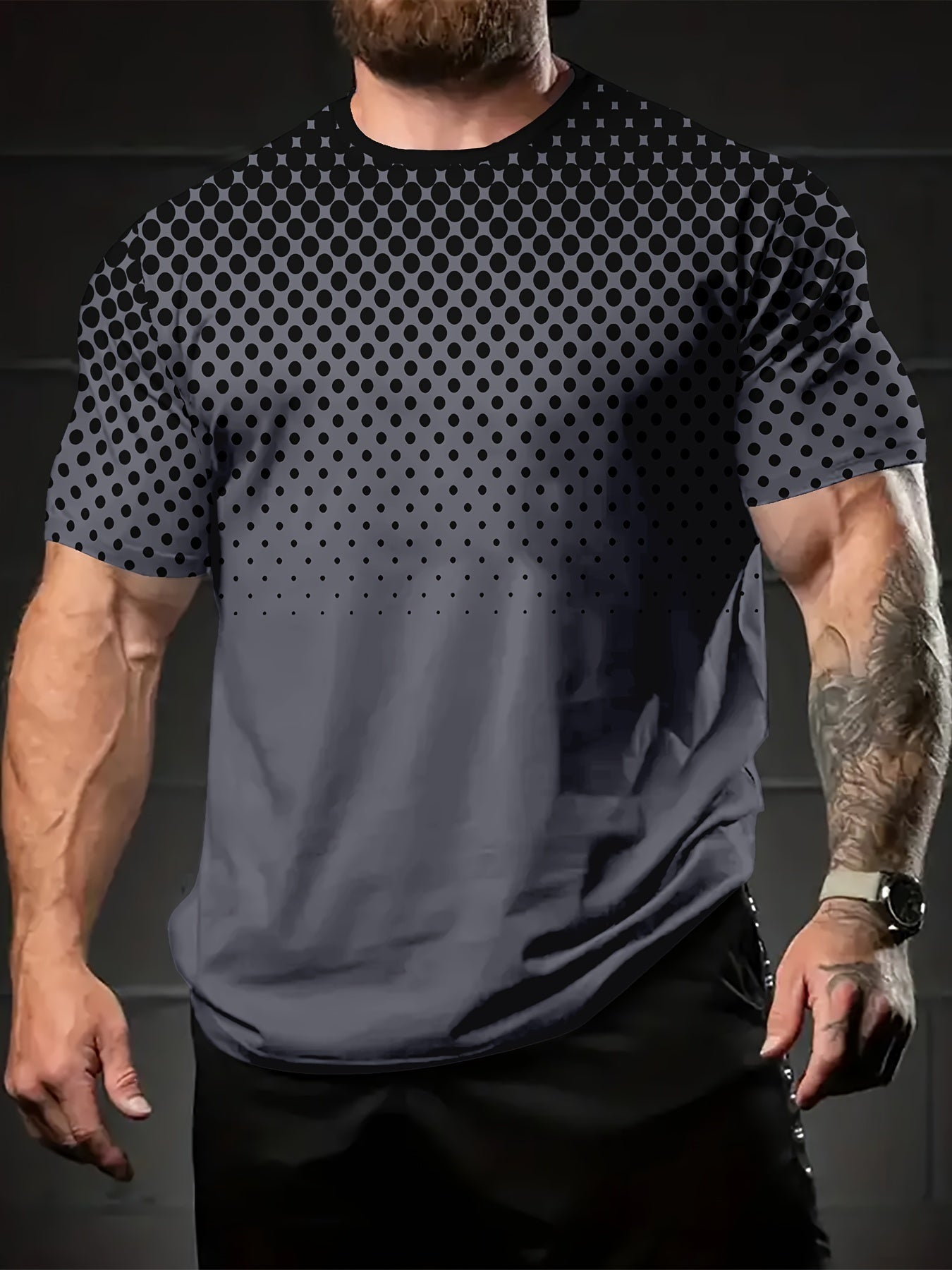 Camiseta negra de cuadros para hombre con diseño de cuadros y estampado de puntos azules, poliéster, casual, con cuello redondo