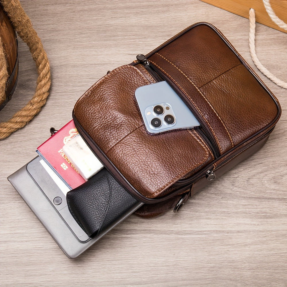 Genuine Leather Messenger Bag for Men Black Multi-Compartment Casual Business Travel