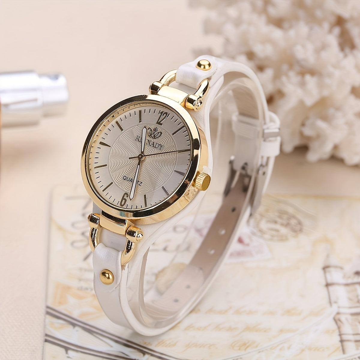 Women's Quartz Watch with Black Faux Leather Strap and Gold Accents Elegant Analog Wristwatch