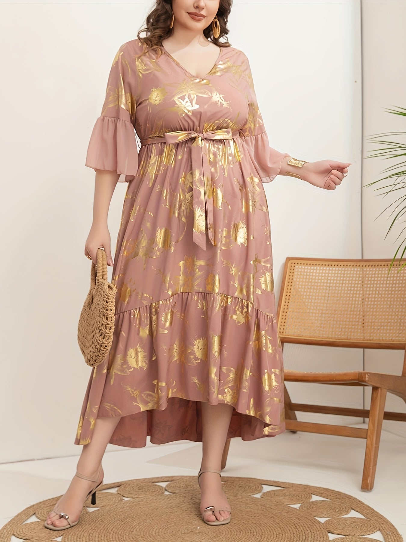 Vestido túnica de mujer talla grande con escote en V, poliéster, para todas las estaciones, tejido con cinturón