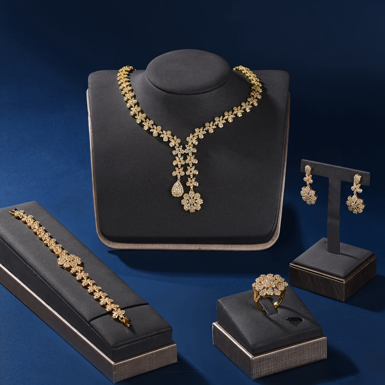 Gold Plated Copper Jewelry Set for Women with Synthetic Zirconia 5-Piece for Parties Weddings