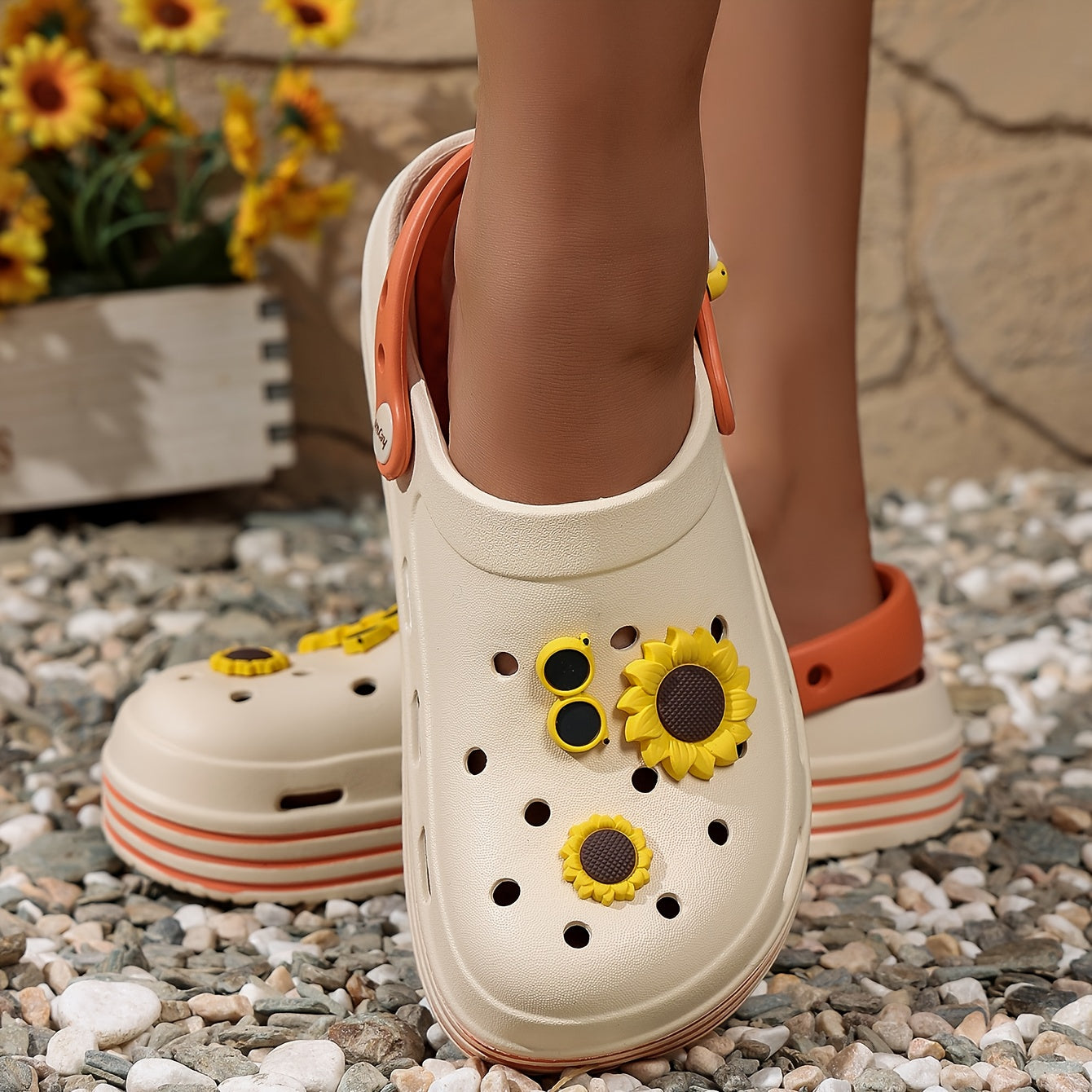 Women’s Summer Floral Clogs Soft EVA Thick Sole Breathable Openwork White Yellow