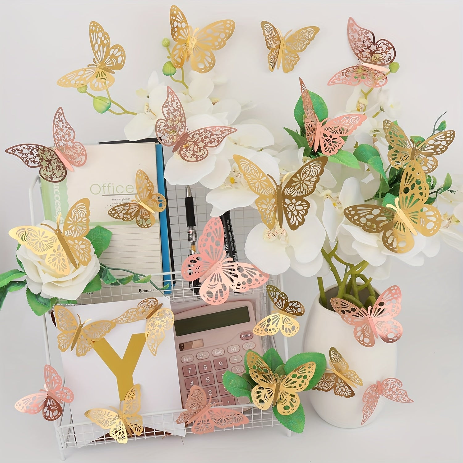 Golden and Rose Glitter 3D Butterfly Wall Stickers for Wedding Birthday Girls Bedroom Reusable Self-Adhesive