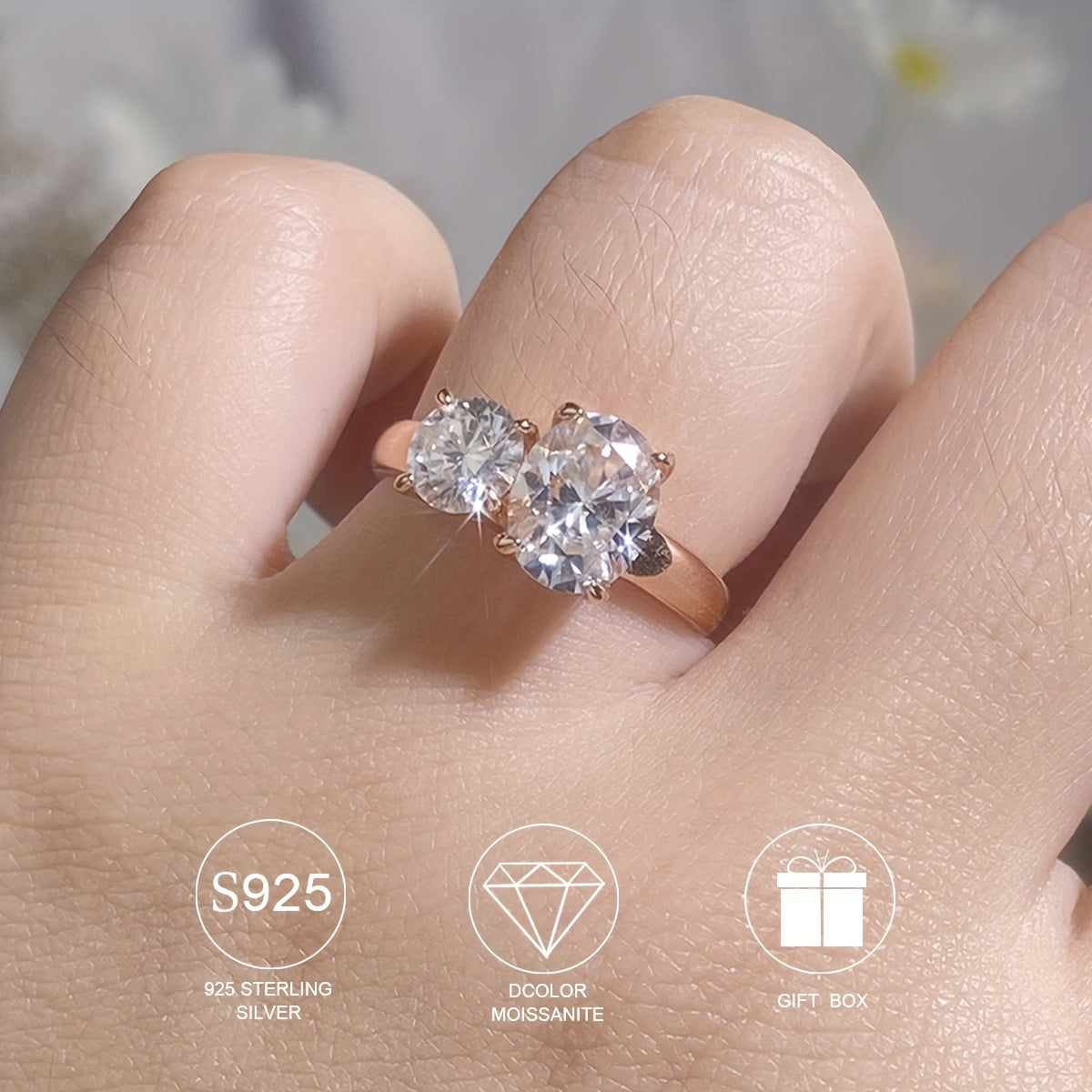 Sterling Silver Ring with 2.8ct Moissanite Oval Two-Stone Design for Women Engagement Wedding
