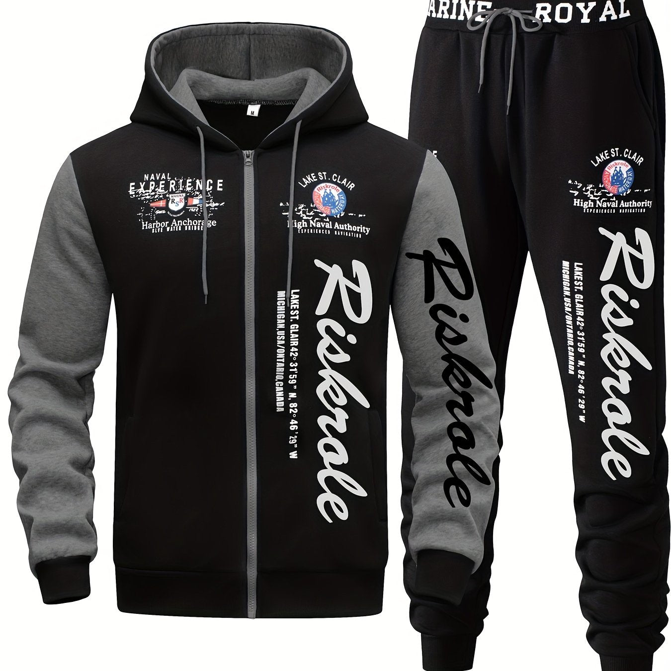 Мужской полиэстеровый спортивный костюм с капюшоном, с принтом букв, полноразмерной молнией и брюками с эластичным поясом, повседневный спортивный комплект