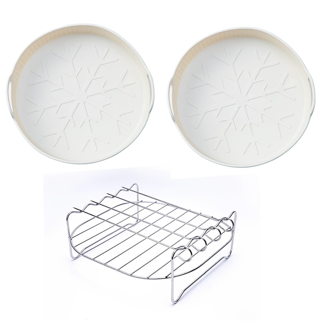 7 ta Stainless Steel Air Fryer Accessories to'plami, Grill Rack, 4 ta Skewer va 2 ta Silikon Pishirish Yostiqlari bilan. Oziq-ovqat uchun xavfsiz, Grill, Pishirish va Mikrotolqinli pechda pishirish uchun ideal. Muhim oshxona asboblari bilan to'liq.