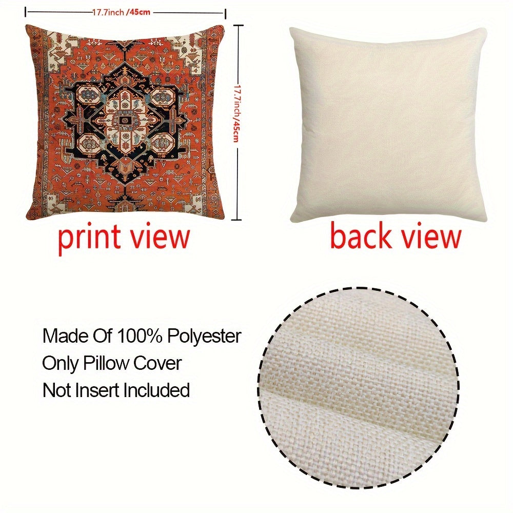 4 Чехла для подушек в стиле бохо, 45.72x45.72 см, оранжево-красный этнический дизайн, квадратные льняные чехлы для уличных диванов и кроватей (без наполнителя)