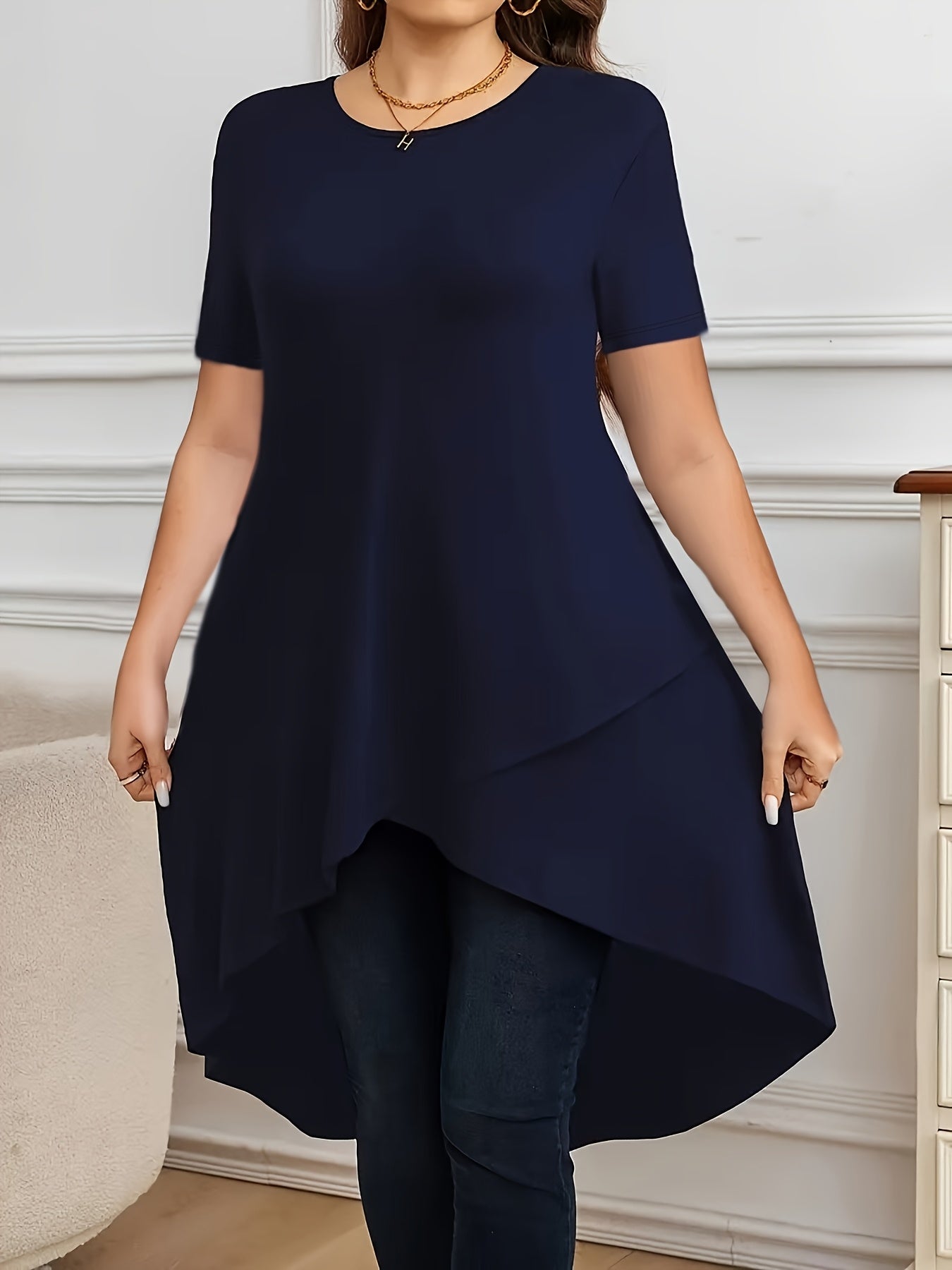 Women's Plus Size Stretch Cross Front Top Short Sleeve Casual Formal Style