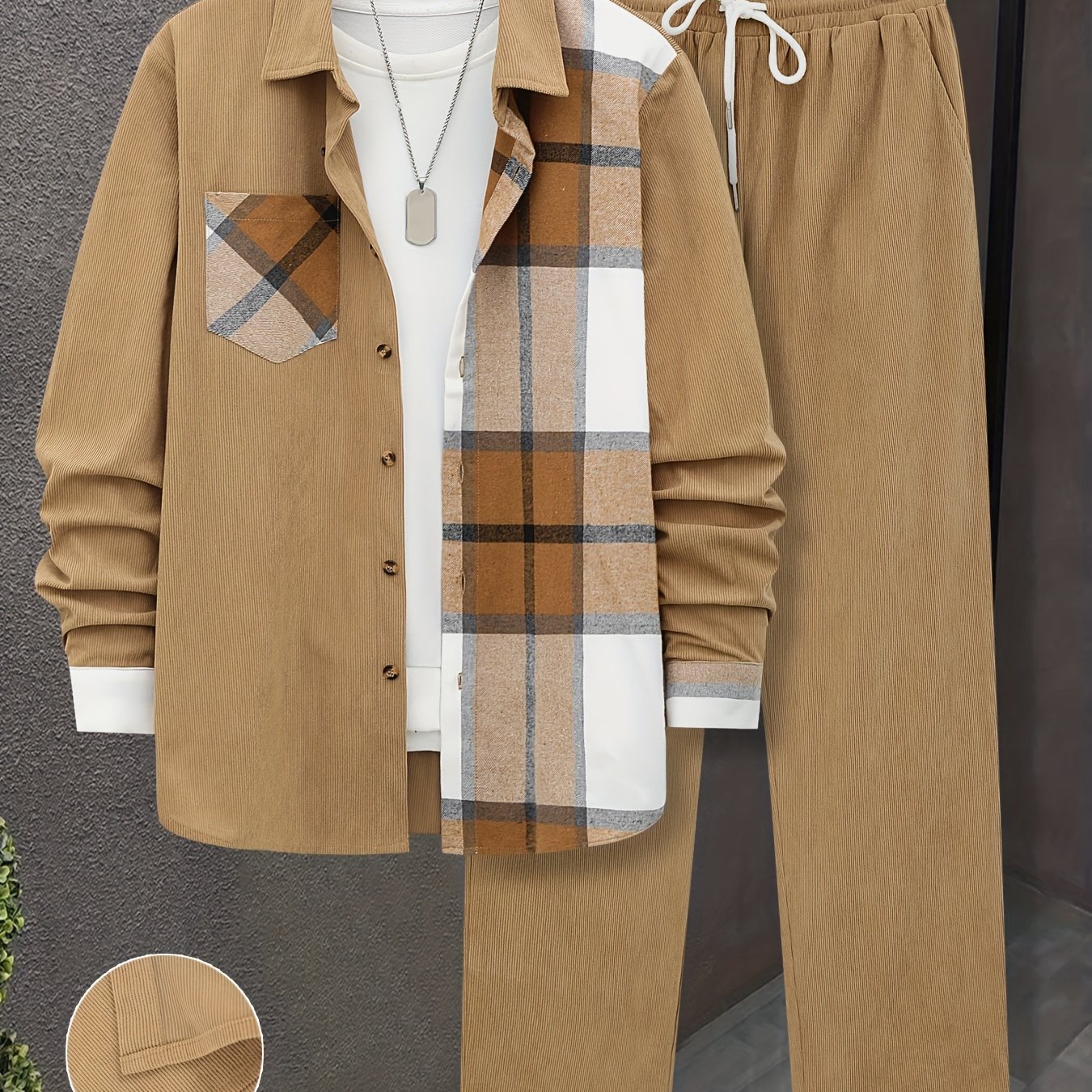 Men's Casual 2-Piece Outfit Plaid Button-Up Shirt and Drawstring Pants Polyester