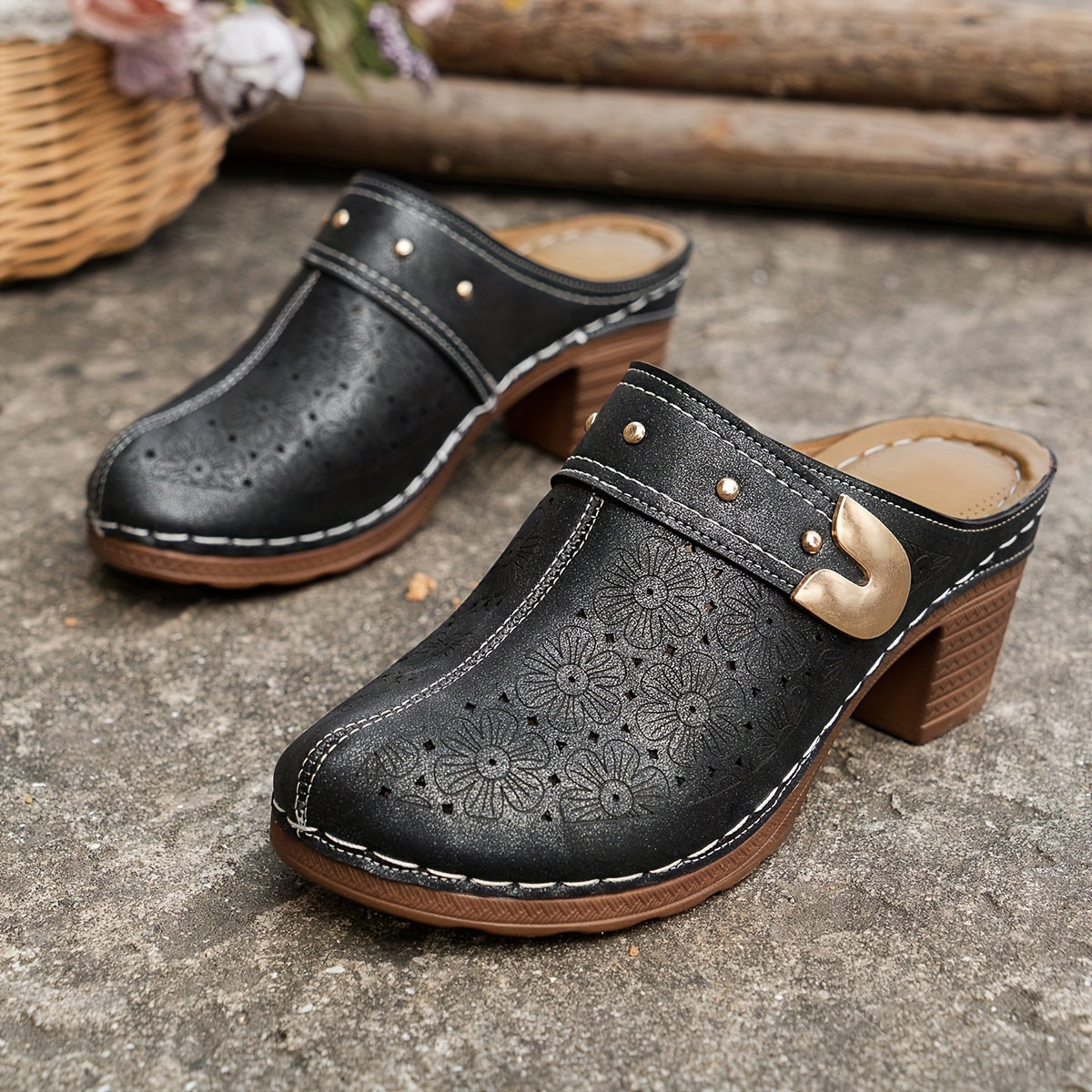 Women's Floral Pattern Clogs Soft Sole Slip-On Mules with Chunky Heel