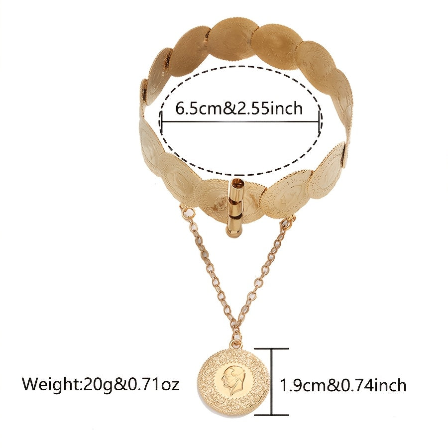 Gold-Plated Tribal-Inspired Bangle Bracelet with Copper Alloy Coin Links for Women