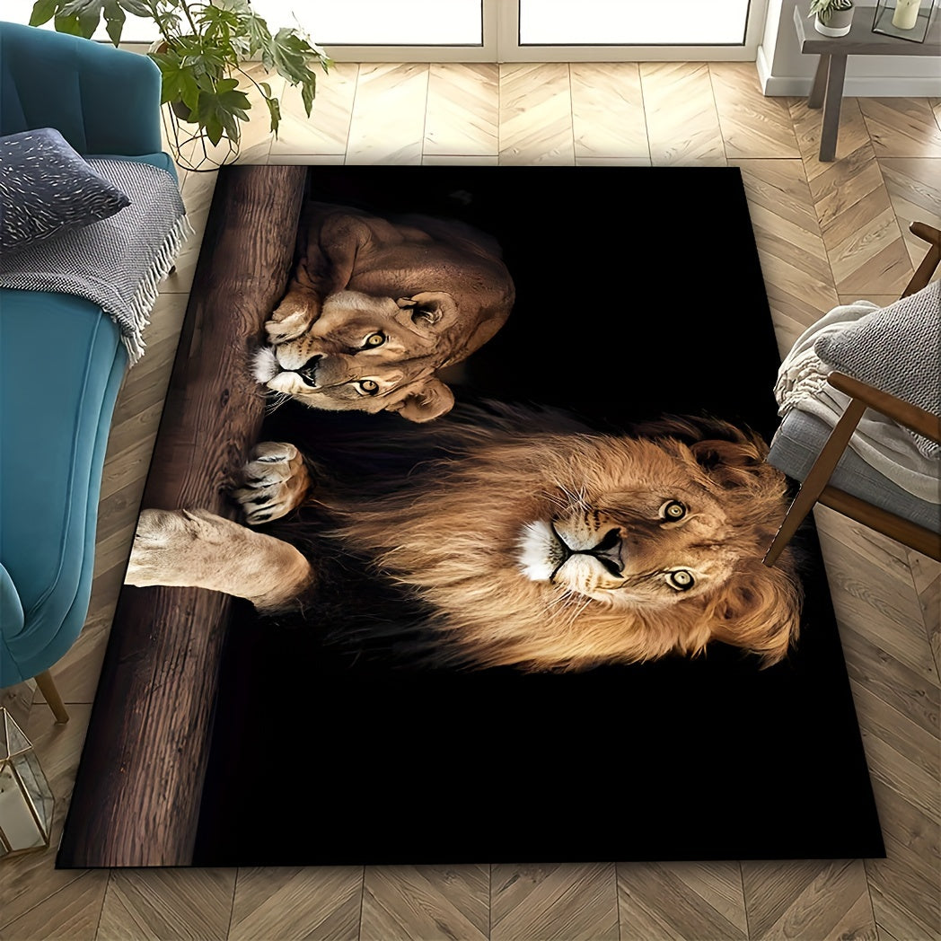 Luxurious Crystal Velvet Area Mat with Double Lion Design, Anti-Slip, Machine Washable