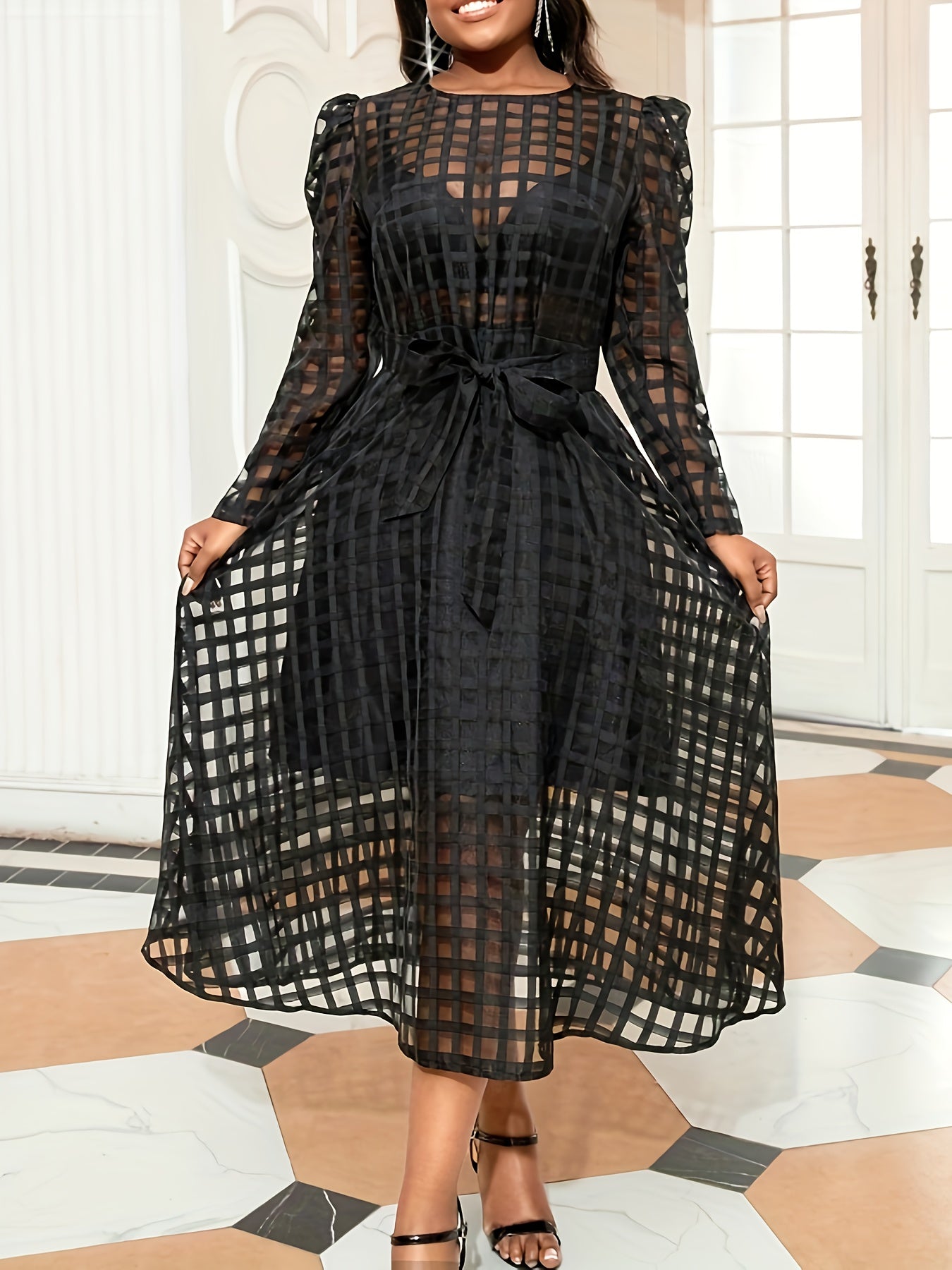 Plus Size Women's Black Grid Pattern Midi Dress With Belt Long Sleeve Flared Skirt