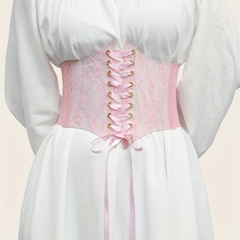 Vintage Lace-Up Corset with Floral Embroidery and Elastic Waistband