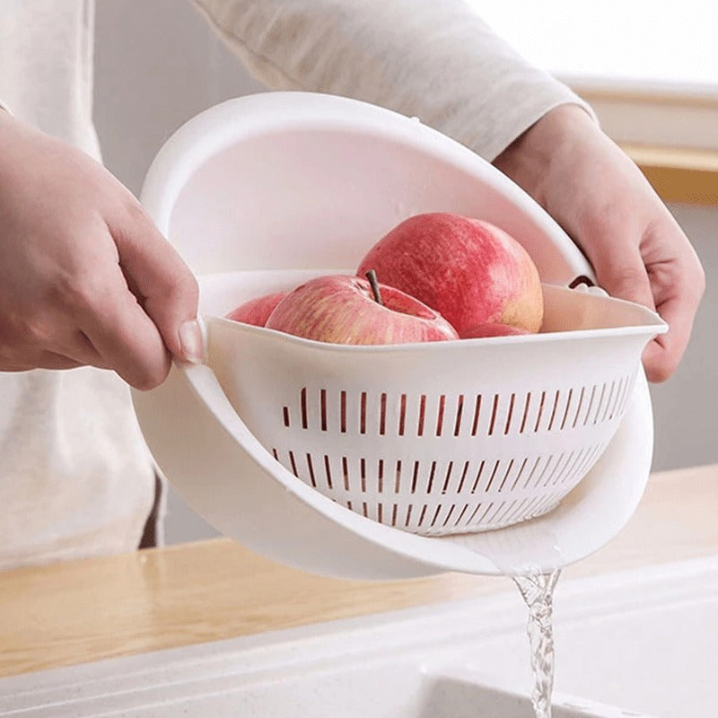 Single piece colander with two-tiered draining basket rotating plastic strainer reusable washing basket for kitchen