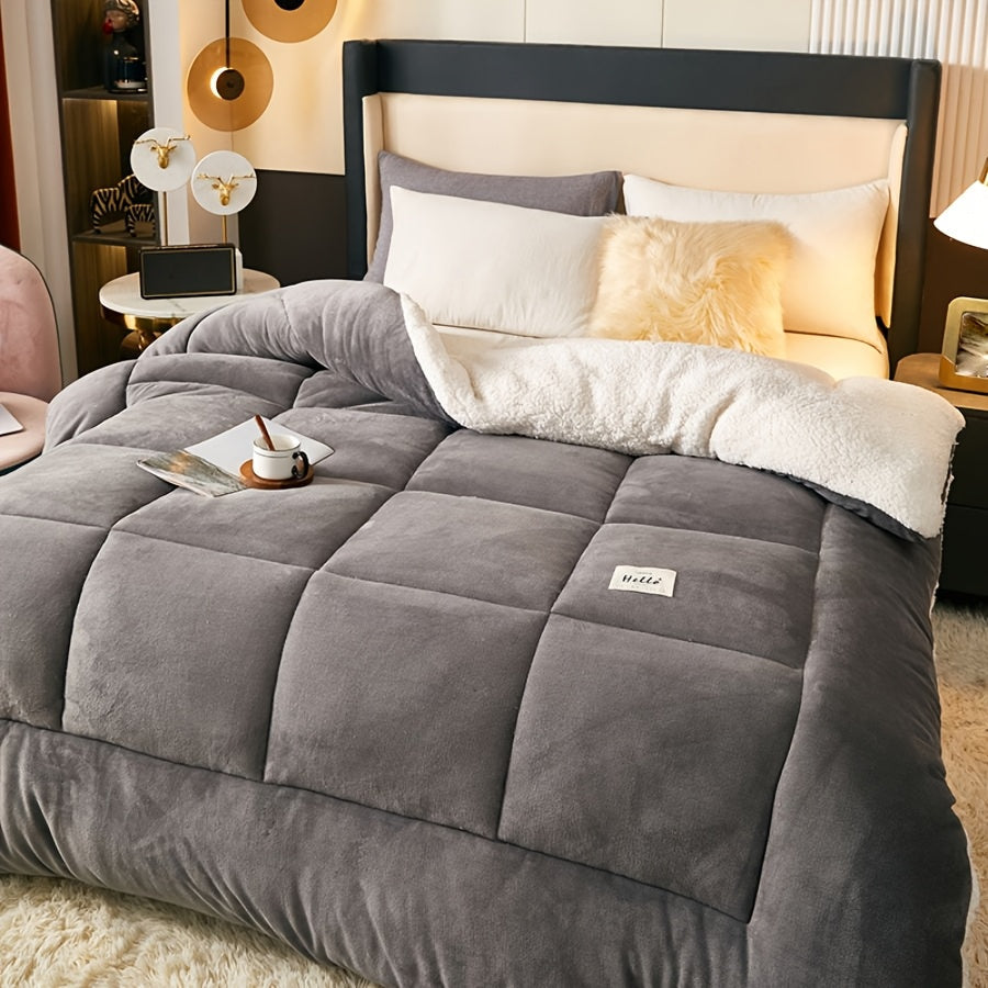 Plaid Quilted Comforter Soft Cozy Milk Velvet Fleece All-Season Bedding