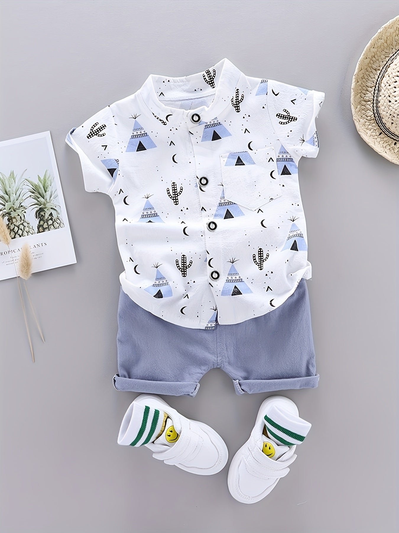 Boys Casual Set Short Sleeve Shirt and Shorts Pyramid Print Spring Summer 0-3 Years
