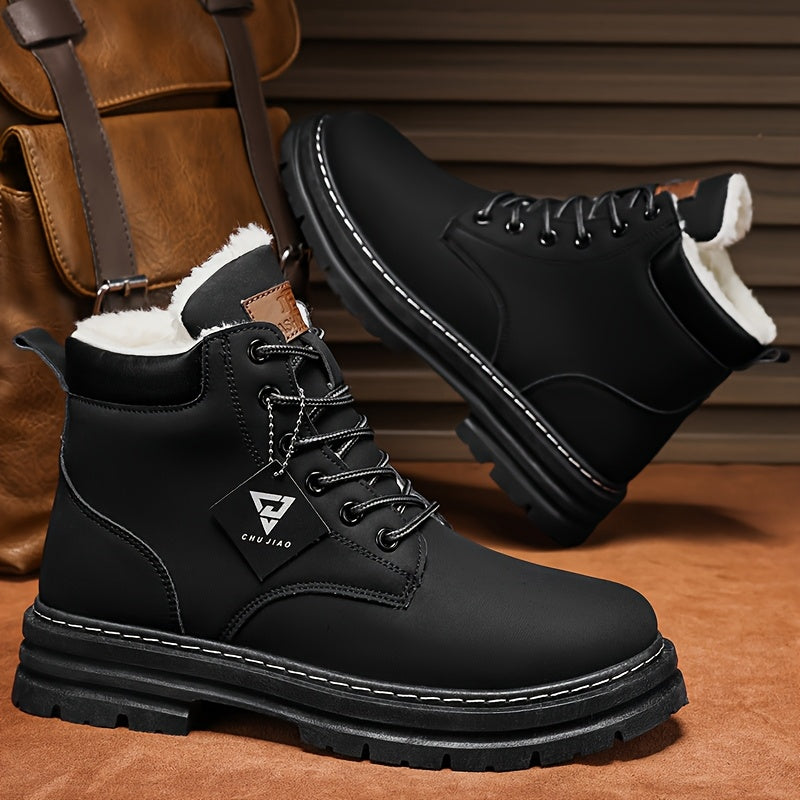 Erkaklar uchun yuqori bo'yli sayohat poyabzallari, ichki qismi to'quv, issiqlik izolyatsiyasi, mustahkam PU yuqori qismi, PVC taglik va doira barmoq dizayni bilan qishki ochiq havoda faoliyatlar uchun tasodifiy Britaniya uslubida. Sovuq ob-havo