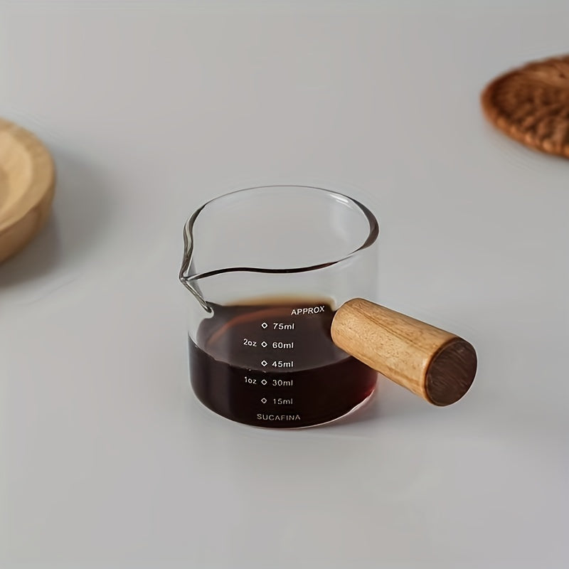 Taza de café de vidrio de borosilicato con asa de madera, doble pico y marcas de medición