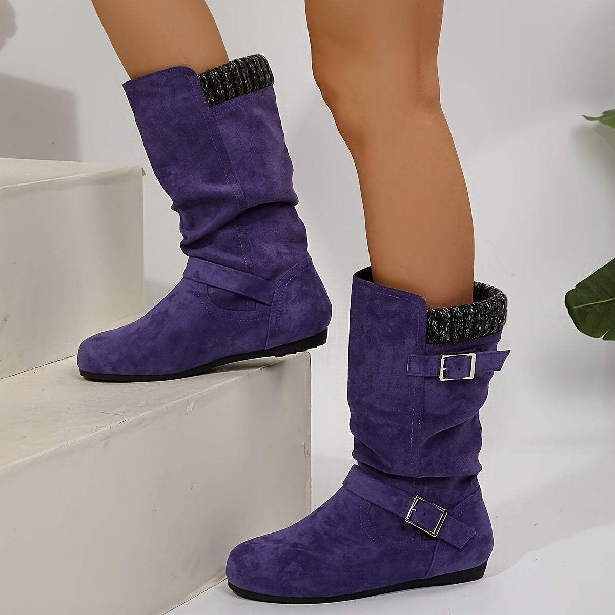 Women's Purple Slouchy Boots with Metal Buckles Flat Heel Casual Wear