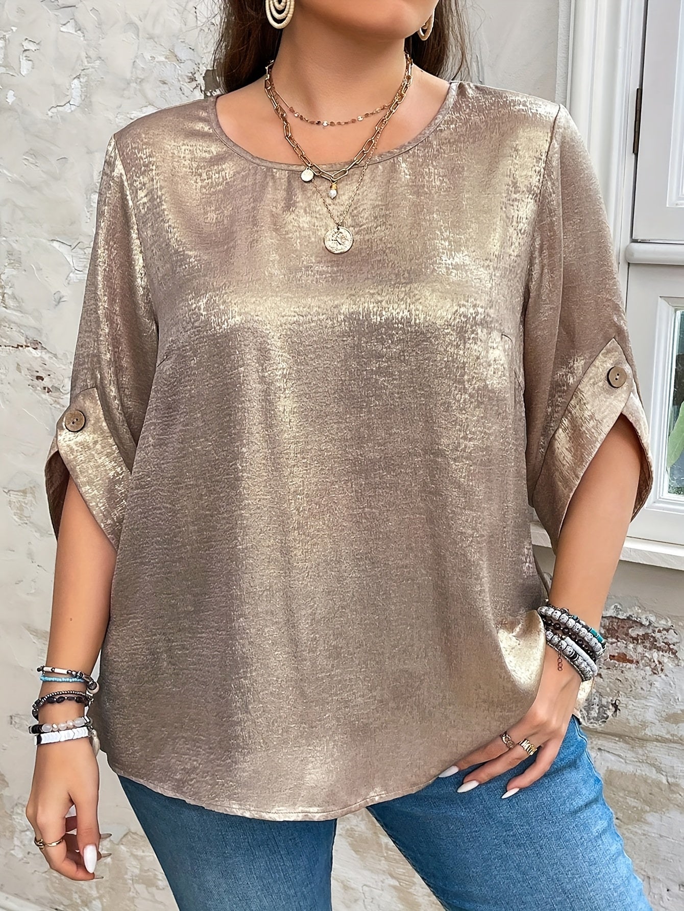 Ayollar uchun katta o'lchamli oltin mato kofta, kundalik, erkin fit, qisqa qo'l, ta'til uchun bluz