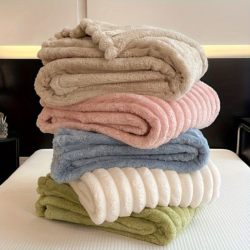 Striped Plush Blanket Double-Sided Fleece All-Season Knit Polyester Machine Washable