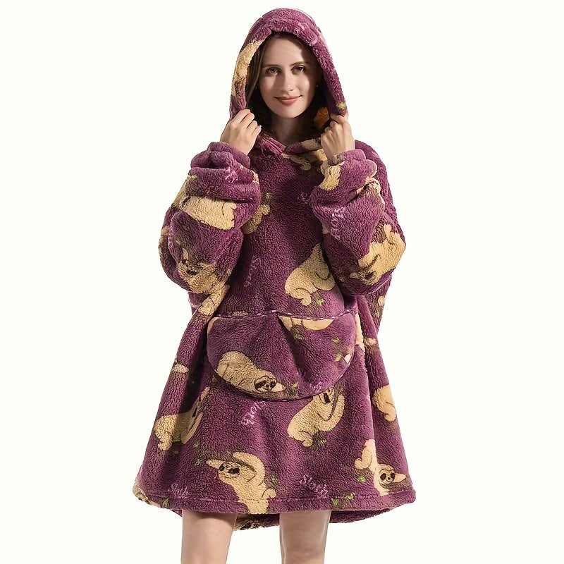 Hooded Fleece Blanket Robe for Adults Cozy Wearable Lounge Wrap