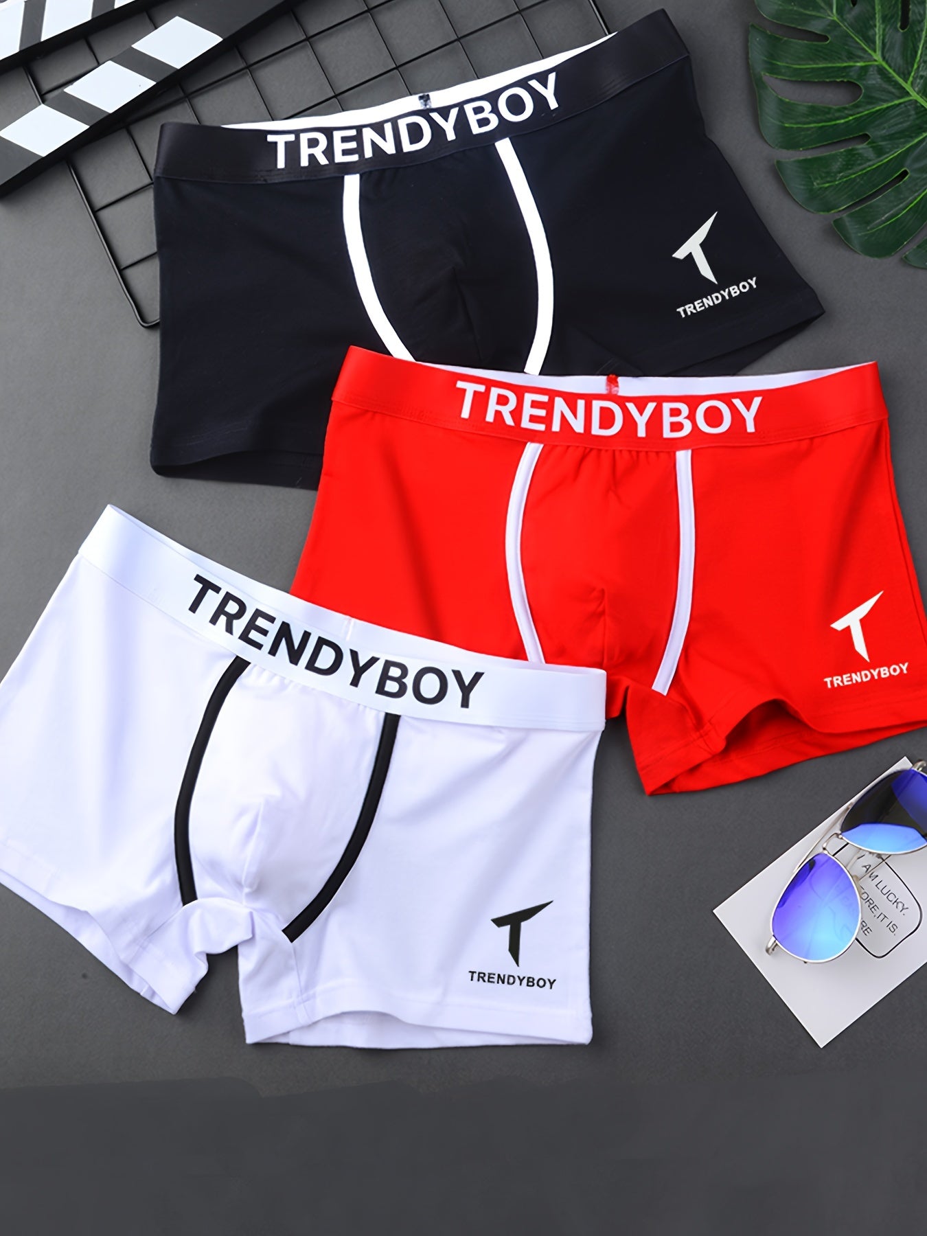 Men's Breathable Geometric Pattern Boxer Briefs Pack of 3 Medium Stretch Polyester Elastane