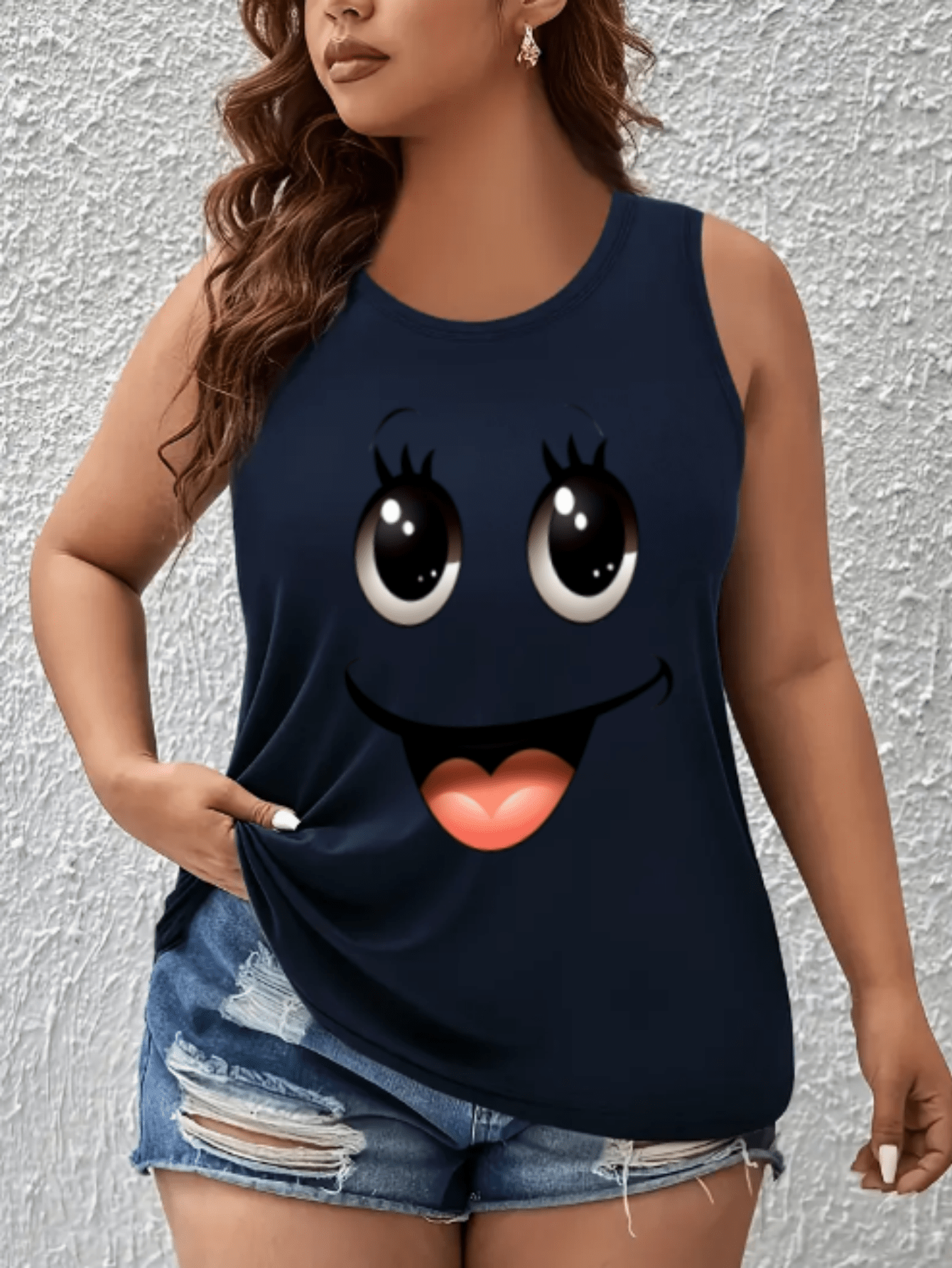Plus Size Women Cotton Tank Top Cartoon Face Print Sleeveless Casual Summer Clothing