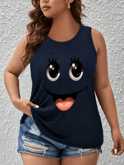 Plus Size Women Cotton Tank Top Cartoon Face Print Sleeveless Casual Summer Clothing
