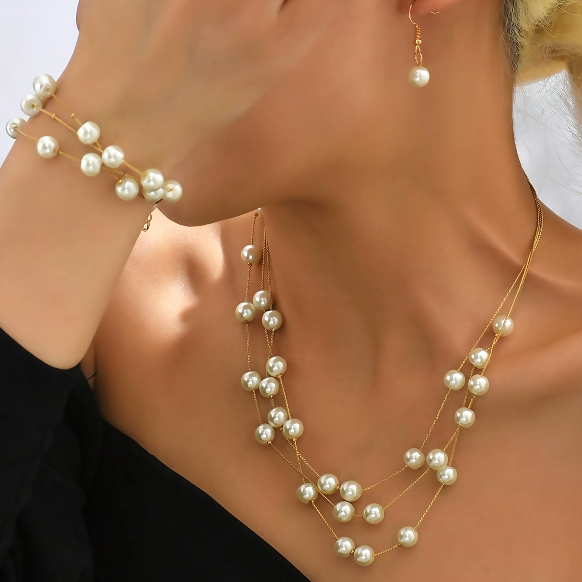 Gold and Silver Pearl-Style Jewelry Set with Necklace Bracelet and Earrings