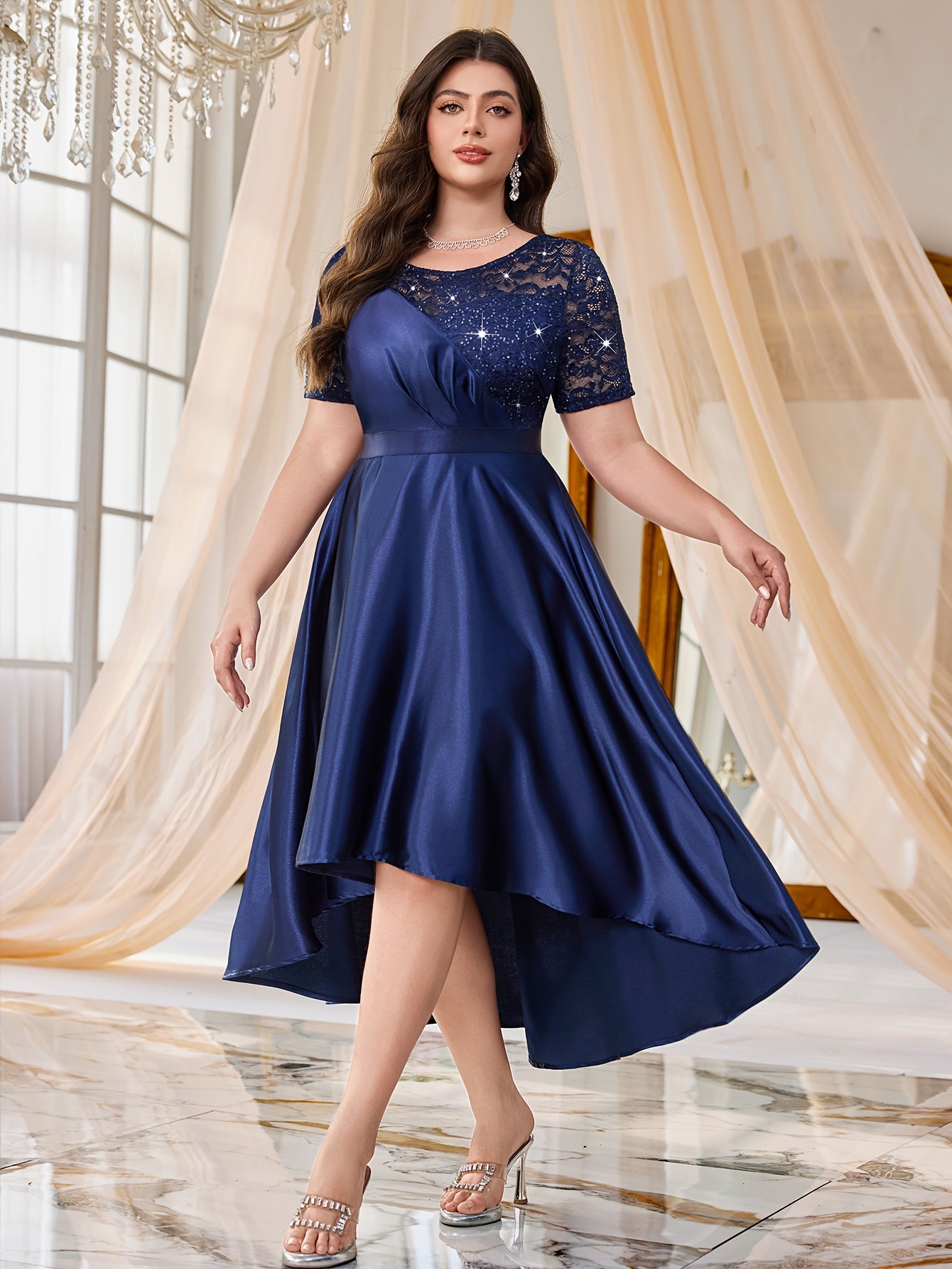 Plus Size Lace Dress with Sequins Blue Sleeveless Knee-Length