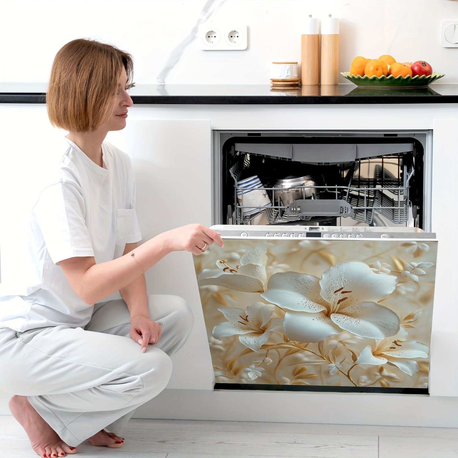 Beige Floral Vinyl Magnetic Dishwasher Cover Reusable Durable for Refrigerator Washing Machine Cabinet