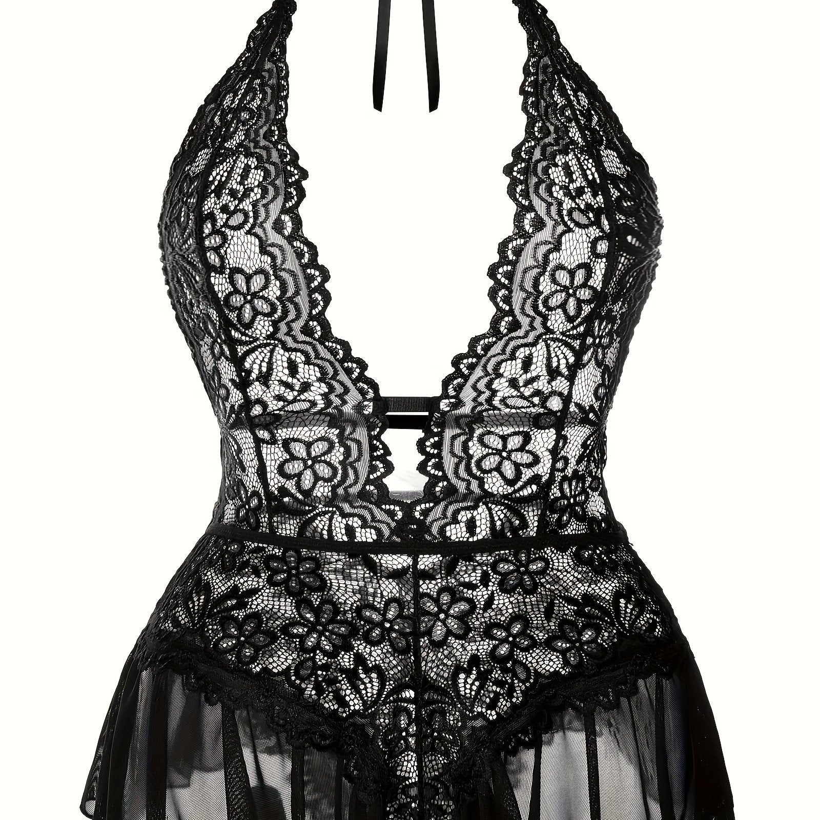 Women's Lingerie Bodysuit Floral Lace Plus Size Deep V Ruffle Halter