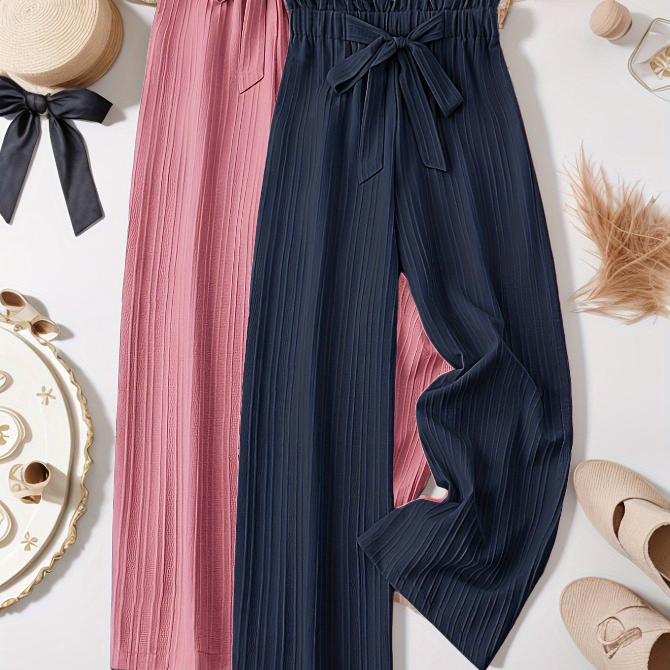 Plus Size Women’s Striped Pleated Long Pants Two Pack Casual Autumn Spring