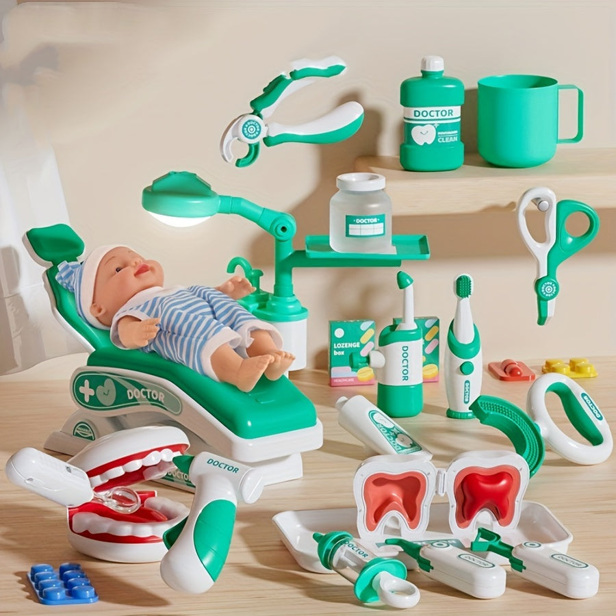 Kids Dentist Playset 17-Piece Green Pretend Doctor Toy Kit for Ages 3-5
