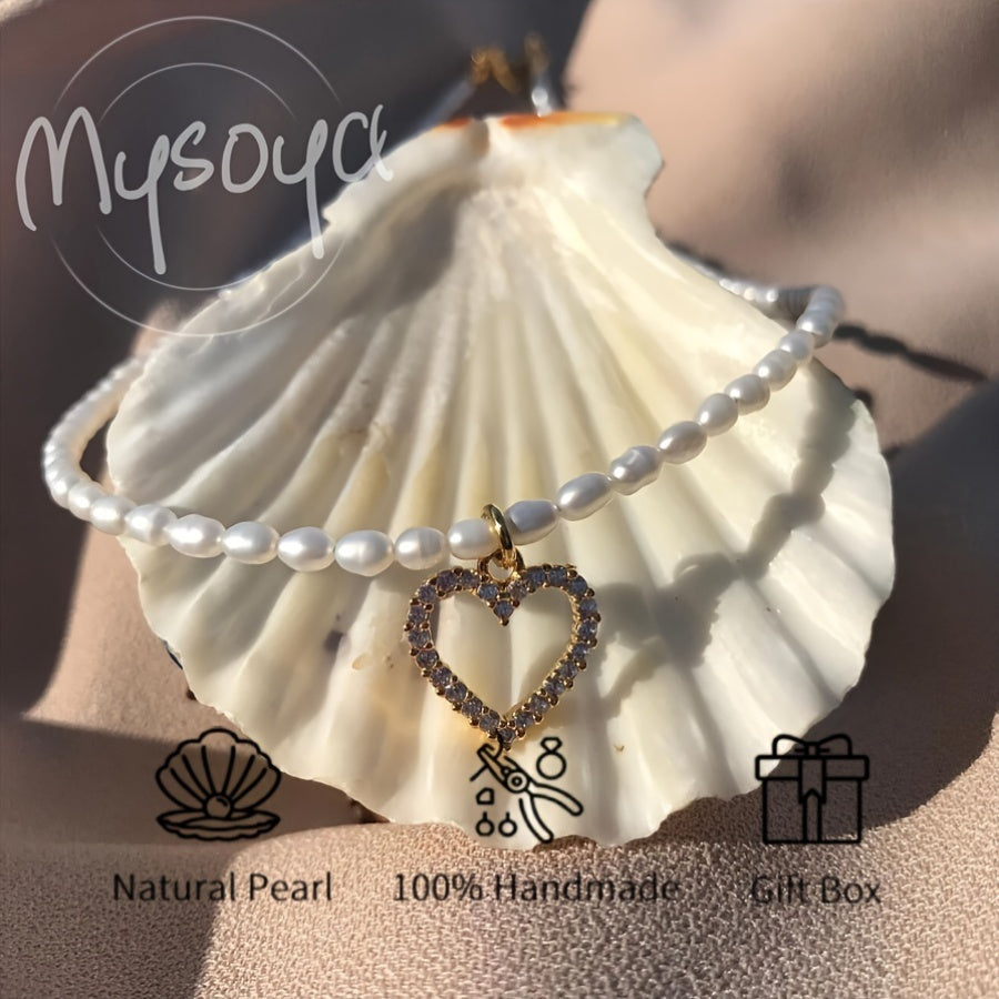 Vintage Freshwater Pearl Necklace with Heart Crystal Pendant 6-8mm June Birthstone for Women