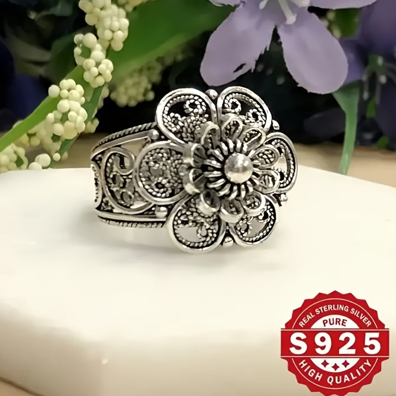Sterling Silver Daisy Ring Hollow Design Bohemian Style for Weddings and Parties